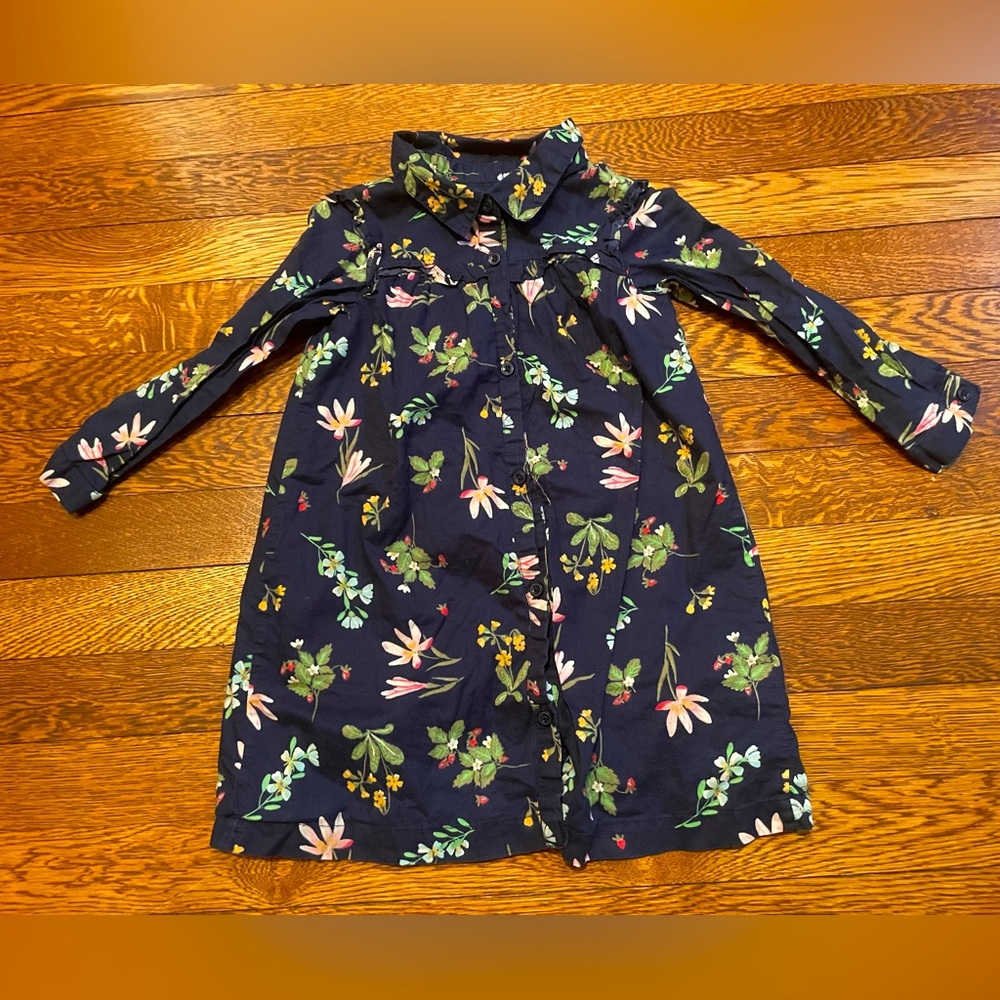 Baby GAP Navy Strawberry Print Long Sleeve Cotton Collared Shirt Dress Size 4